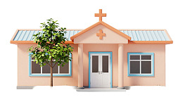 粉色教堂建筑配绿树图片