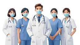 五位佩戴口罩的医护人员合影
