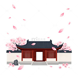 古风樱花建筑插画设计素材