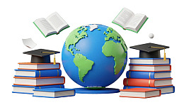 地球书本与学位帽象征全球教育