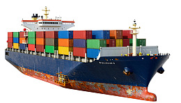 大型集装箱货轮装载彩色货柜