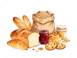 水彩风格面包饼干食材插画