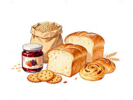 水彩面包饼干果酱插画