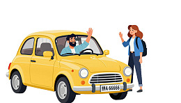 男子挥手与女子告别黄色汽车