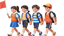 四个学生手拉手举旗行走