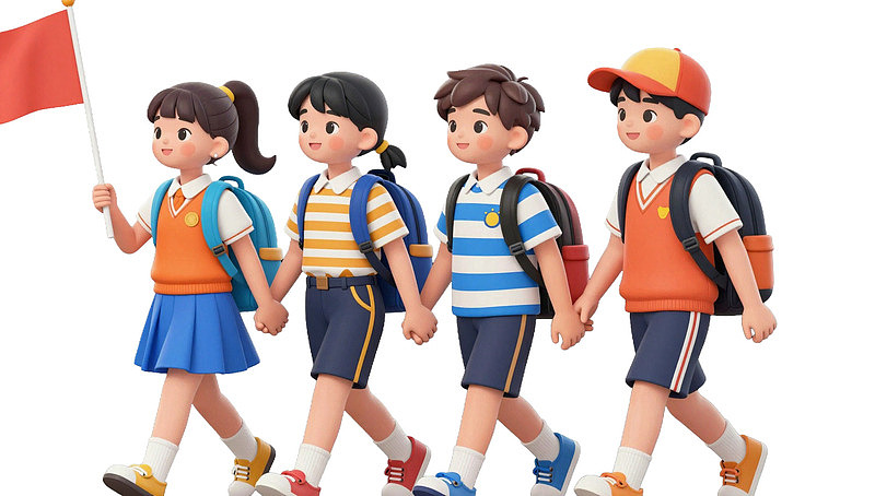 四个学生手拉手举旗行走