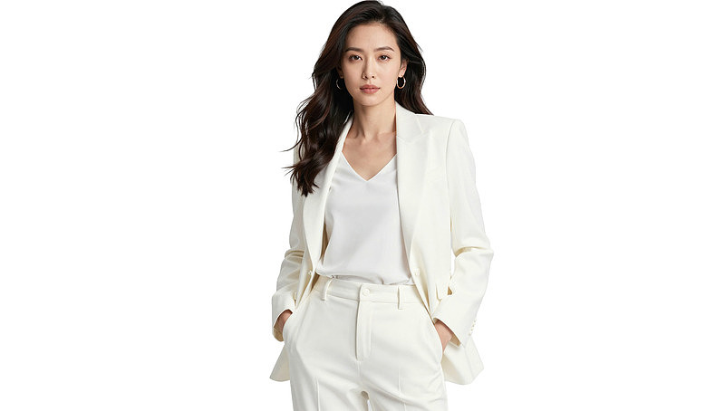 女性身着白色西装套装