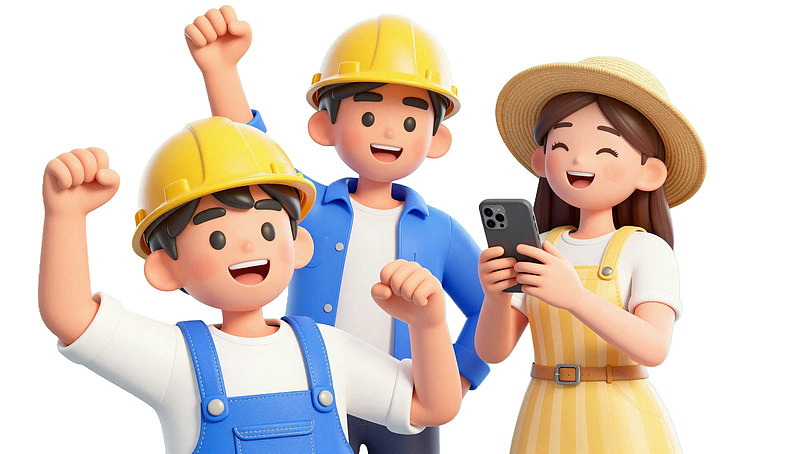 三名戴安全帽的工人庆祝