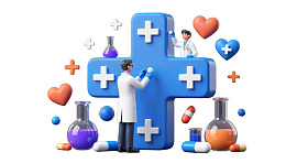 医生围绕蓝色医疗十字标志