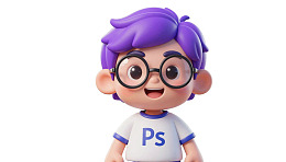 卡通男孩戴眼镜穿印有Ps标志的T恤