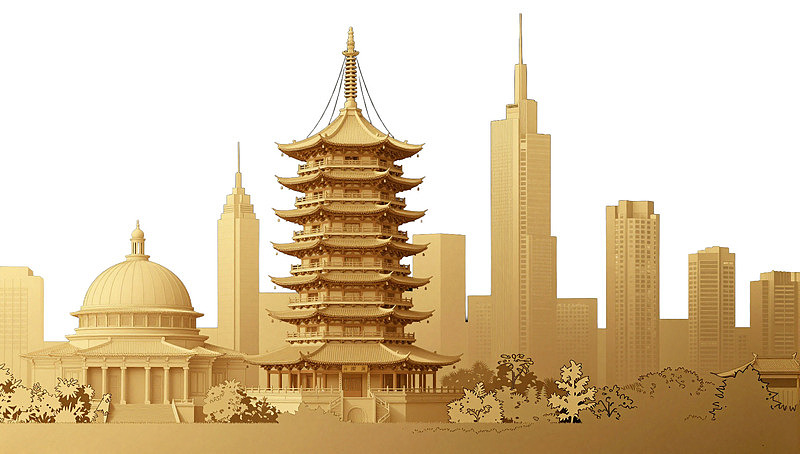 传统塔楼与现代城市景观