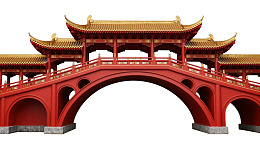 红色中式拱桥建筑图片