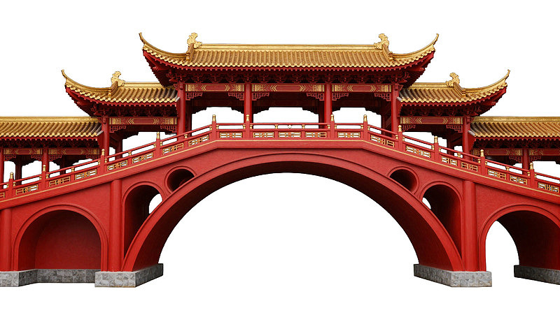 红色中式拱桥建筑图片