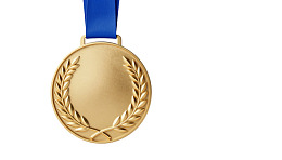 金色奖牌配蓝色绶带图片