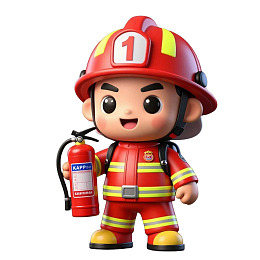 卡通消防员手持灭火器形象