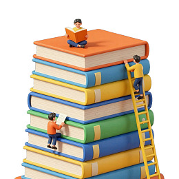 书堆上阅读与攀爬的小人