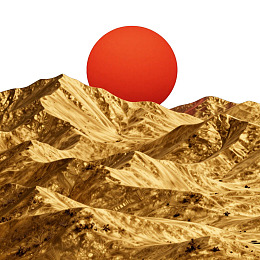 红色太阳下的金色山脉景观