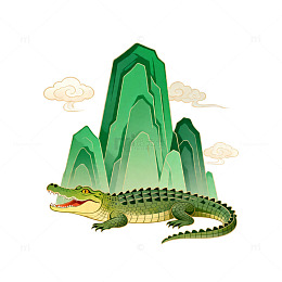 卡通鳄鱼山水画素材