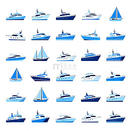 蓝色游艇帆船图标集合