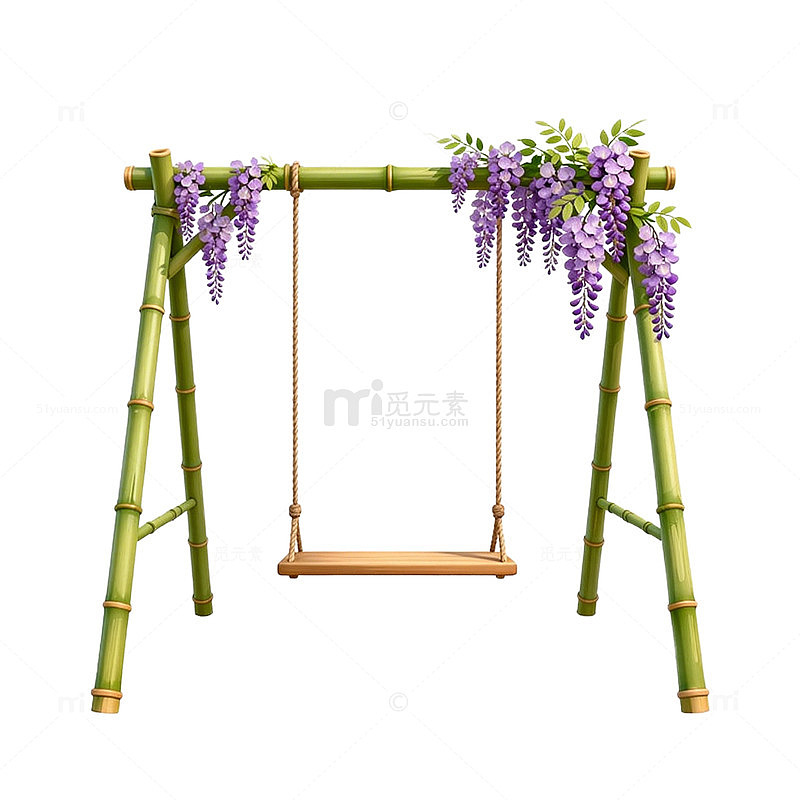 田园风紫藤花秋千插画设计素材