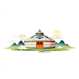 蒙古包山水画矢量插画