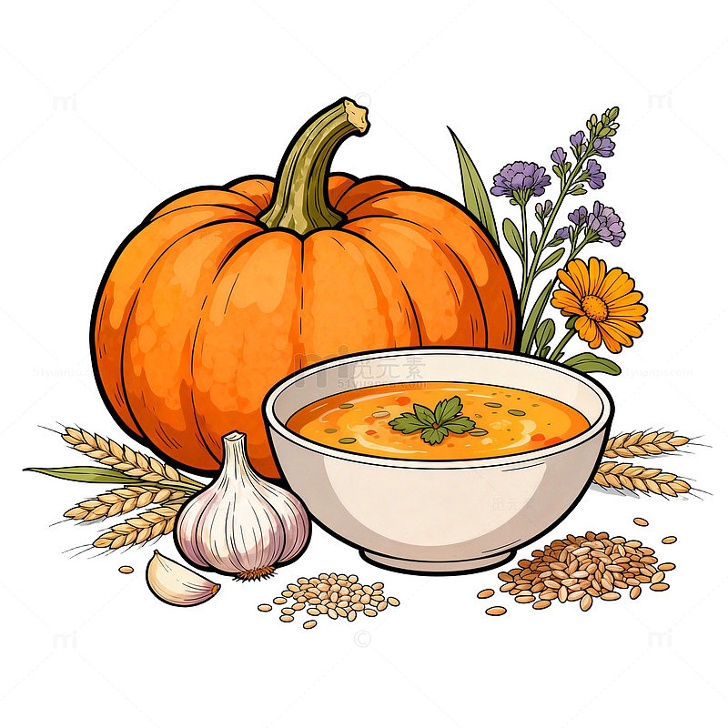 手绘南瓜汤食材插画