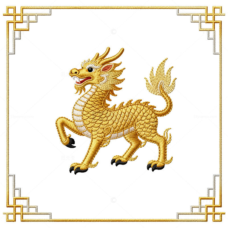 中国风金色麒麟图案刺绣设计