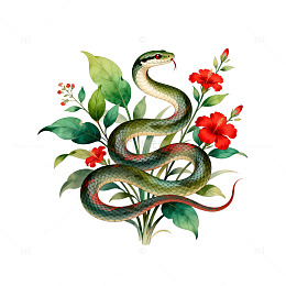 水彩蛇与花卉图案设计元素