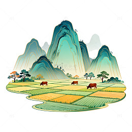山水画田园风光矢量插画