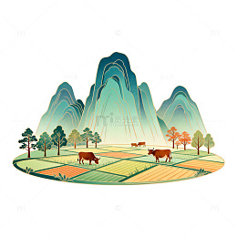 山水画田园风光矢量插画
