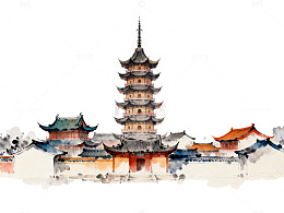 水墨画古风寺庙建筑群