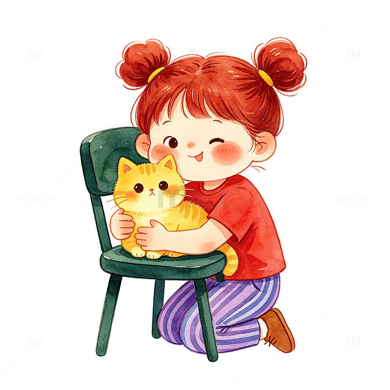 卡通少女抱猫插画素材