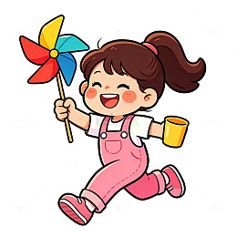 卡通小女孩风车插画素材