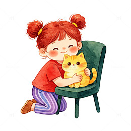 卡通女孩抱猫插画