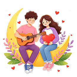 浪漫情侣弹吉他插画