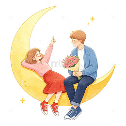 卡通情侣月亮浪漫插画