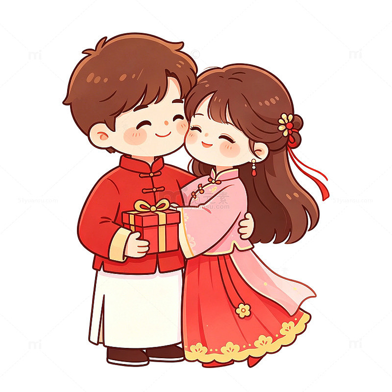卡通情侣新年送礼盒插画