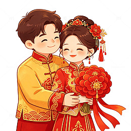 喜气洋洋中式婚礼卡通人物插画