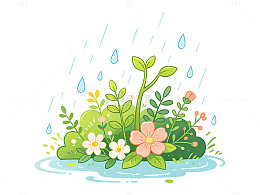卡通雨中小花插画