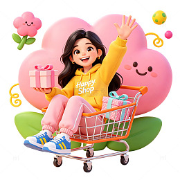 卡通购物少女快乐购物场景插画素材