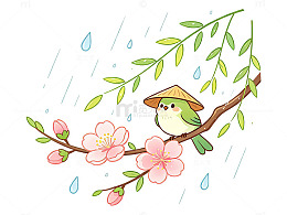 春日樱花小鸟卡通插画