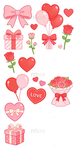爱心气球浪漫礼盒手绘元素玫瑰