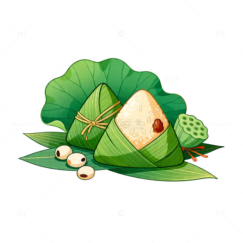 卡通端午节粽子荷叶莲子插画