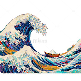 日式海浪船插画素材