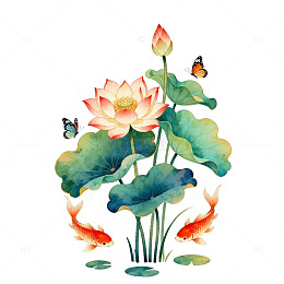 水墨风荷花锦鲤插画设计素材
