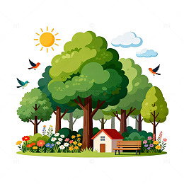 卡通森林小屋风景矢量素材