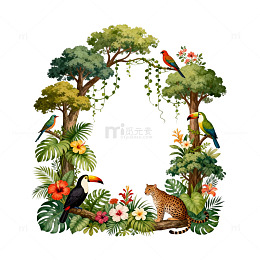 热带雨林鸟类植物插画