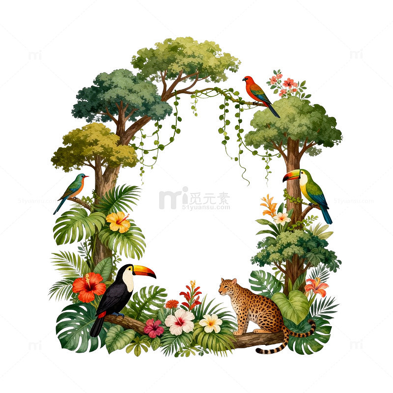 热带雨林鸟类植物插画