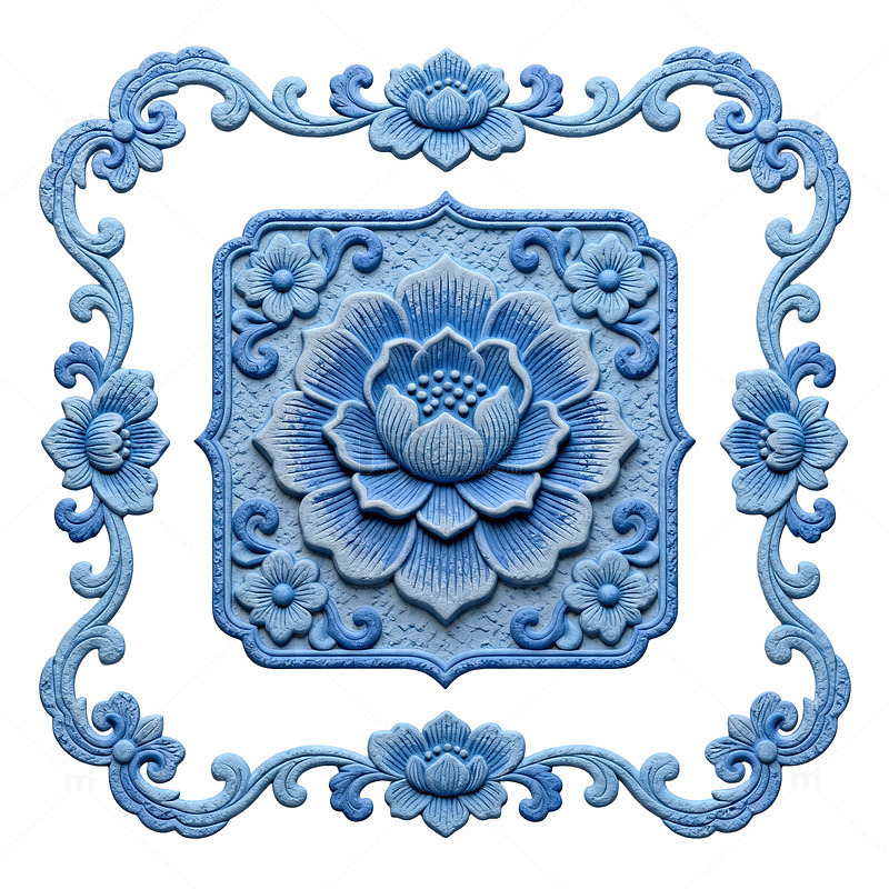 蓝色陶瓷莲花浮雕装饰图案