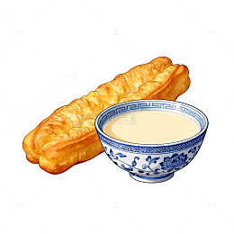 水彩画油条豆浆美食插画